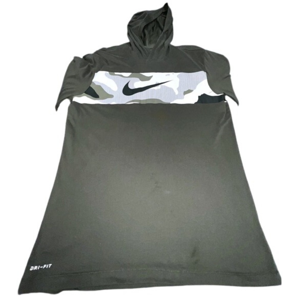 Nike‎ Mens Dri-FIT Short Sleeve Hooded Shirt Olive Green Camo Swoosh Large